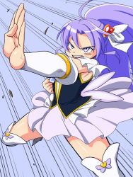 Rule 34 | 10s, 1girl, angry, arm warmers, blue background, cure fortune, fighting stance, hair ornament, happinesscharge precure!, heart, heart hair ornament, highres, hikawa iona, konboi-eg, long hair, magical girl, open mouth, precure, purple eyes, purple hair, purple skirt, serious, skirt, solo, thighhighs, white thighhighs, wide ponytail