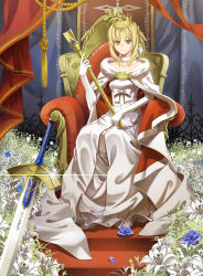 Rule 34 | 1girl, alternate costume, artoria pendragon (all), artoria pendragon (fate), blonde hair, blue flower, blue rose, choker, cross akiha, crown, dress, elbow gloves, excalibur (fate/stay night), fate/stay night, fate (series), flower, fur trim, gloves, green eyes, highres, lily (flower), looking at viewer, ribbon choker, rose, saber (fate), short hair, sitting, smile, solo, staff, sword, throne, weapon, white dress, white gloves