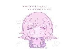 Rule 34 | 1girl, alternate hair ornament, chibi, cropped torso, danganronpa (series), danganronpa 2: goodbye despair, hair ornament, heart, highres, holding, holding heart, jacket, long sleeves, looking at viewer, nanami chiaki, open clothes, open jacket, pink eyes, pote (pote 39), shirt, simple background, solo, translation request, white background