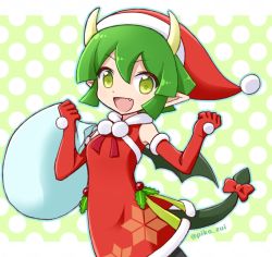 Rule 34 | 1girl, draco centauros, dragon girl, dragon horns, dragon tail, dragon wings, elbow gloves, fang, gloves, green eyes, green hair, hat, holding, holding sack, horns, looking at viewer, open mouth, pointy ears, puyopuyo, puyopuyo quest, red gloves, red hat, sack, santa costume, santa hat, short hair, smile, solo, tail, takazaki piko, wings