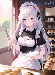 Rule 34 | 1girl, absurdres, ahoge, apron, baguette, baguette (baguettech), bakery, blue eyes, bowl, bread, cleavage cutout, clothing cutout, codename: bakery girl, croissant, display case, doughnut, flower, food, highres, holding, holding bowl, holding whisk, jefuty (bakery girl), long hair, maid, maid apron, maid headdress, pastry, reverse collapse (series), shop, solo, whipped cream, whisk, white hair