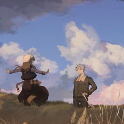 Rule 34 | 1girl, belt, black pants, blue sky, blush, brown hair, brown jacket, closed eyes, closed mouth, cloud, cloudy sky, collar, craft lawrence, day, dress, field, from behind, grey eyes, grey hair, hand on own hip, hat, highres, holo, jacket, long hair, long sleeves, looking at another, open mouth, osu5i, outdoors, pants, plant, shirt, sky, smile, spice and wolf, standing, tail, white headwear, wolf tail