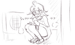 Rule 34 | 1girl, air conditioner, alley, blush, collarbone, dress, highres, long sleeves, looking down, monochrome, open mouth, panties, panty pull, peeing, shoes, short hair, sketch, socks, squatting, steam, sweat, tako238, underwear