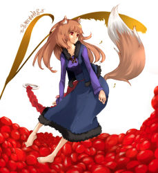 Rule 34 | 00s, animal ears, apple, bad id, bad pixiv id, barefoot, brown hair, denpa jouhoubu, food, fruit, holo, long hair, red eyes, spice and wolf, tail, wolf ears, wolf tail