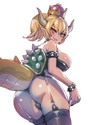 Rule 34 | 1girl, ass, bare shoulders, blonde hair, blue eyes, bow (bhp), bowsette, bracelet, breasts, collar, commentary request, crown, dragon tail, garter belt, horns, jewelry, large breasts, mario (series), new super mario bros. u deluxe, nintendo, ponytail, smile, solo, spiked bracelet, spiked collar, spikes, super crown, tail, thighhighs, turtle shell