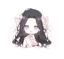 Rule 34 | 1girl, :d, bare shoulders, black hair, blush, butterfly hair ornament, chibi, dress, floral background, flower, forehead, hair flower, hair ornament, hand up, kimetsu no yaiba, knees together feet apart, knees up, kochou kanae, long hair, mattang, open mouth, parted bangs, pink dress, pink flower, pink footwear, purple eyes, shoes, sitting, sleeveless, sleeveless dress, smile, solo, very long hair, white background