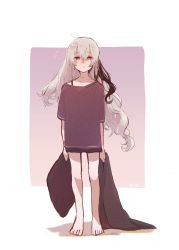 Rule 34 | 1girl, bare legs, black hair, black shorts, blanket, blush, bra strap, closed mouth, collarbone, commentary request, flower (vocaloid), flower (vocaloid3), hair down, highres, holding, holding blanket, holding pillow, long hair, messy hair, mi no take, multicolored hair, nose blush, pajamas, pillow, purple shirt, red eyes, shirt, short sleeves, shorts, solo, streaked hair, vocaloid, white hair