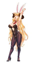 Rule 34 | 1girl, ahoge, alternate costume, anila (granblue fantasy), animal ears, armpits, arms up, black footwear, black leotard, black pantyhose, blonde hair, blunt bangs, blush, breasts, cleavage, closed eyes, covered erect nipples, detached collar, draph, eyebrows, fake animal ears, full body, granblue fantasy, high heels, highres, horns, large breasts, leotard, long hair, open mouth, pantyhose, playboy bunny, rabbit ears, rabbit girl, rabbit tail, saliva, sheep horns, short eyebrows, solo, strapless, strapless leotard, stretching, tail, tears, thick eyebrows, transparent background, very long hair, wrist cuffs, yawning, yggsil