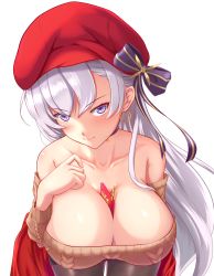 Rule 34 | 1girl, absurdres, aran sweater, azur lane, bare shoulders, belfast (azur lane), belfast (shopping with the head maid) (azur lane), between breasts, blush, bow, breasts, brown pantyhose, brown sweater, cable knit, choker, cleavage, collarbone, commentary request, earrings, food, food between breasts, hand on own chest, hat, hat bow, highres, holding, holding food, hoop earrings, jewelry, large breasts, leaning forward, long hair, looking at viewer, off-shoulder sweater, off shoulder, pantyhose, pocky, shenqi (toid310), skirt, solo, sweater, upper body, white background, white hair