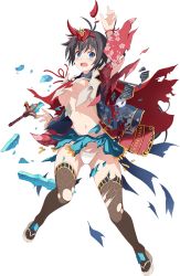 Rule 34 | 1girl, antenna hair, arm up, artist request, black hair, blue eyes, blue skirt, blush, breasts, broken, broken sword, broken weapon, flower, full body, hair ornament, holding, holding sword, holding weapon, kiyosu (oshiro project), long hair, low-tied long hair, multicolored hair, navel, official art, open mouth, oshiro project:re, oshiro project:re, red hair, skirt, solo, sword, thighhighs, torn clothes, torn skirt, torn thighhighs, transparent background, two-tone hair, underboob, weapon