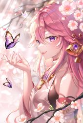 Rule 34 | 1girl, absurdres, arm up, blurry, blurry background, blush, branch, breasts, bug, butterfly, cherry blossoms, commentary request, detached sleeves, earrings, fingernails, flower, from side, genshin impact, hair between eyes, hair ornament, highres, insect, japanese clothes, jewelry, large breasts, light rays, lips, lisa 78, long hair, long sleeves, looking at viewer, nail polish, necklace, petals, pink hair, pink nails, priestess, purple eyes, shine, sidelocks, spring (season), standing, sunbeam, sunlight, upper body, wide sleeves, yae miko