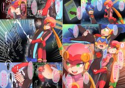 Rule 34 | 1boy, 1girl, arms up, bar censor, binary, blush, bodysuit, bound, bound wrists, censored, closed eyes, cum, ejaculation, femdom, finger in another&#039;s mouth, gloves, green eyes, grin, handjob, heart, heart-shaped pupils, helmet, hetero, highres, latex, latex bodysuit, latex gloves, mega man (series), mega man battle network, megaman.exe, netnavi, open mouth, penis, popporunga, projectile cum, reach-around, roll.exe (mega man), smile, standing, steaming body, symbol-shaped pupils, teeth, testicles, tongue, tongue out, translation request, upper teeth only