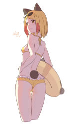 Rule 34 | 1girl, absurdres, animal ears, ass, back, bikini, blonde hair, cat ears, cloba, cropped legs, frilled bikini, frills, grin, highres, innertube, looking at viewer, looking back, original, rabbit tail, short hair, simple background, smile, standing, sunglasses, sunglasses on head, swim ring, swimsuit, tail, white background, yellow bikini, yellow eyes
