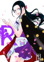 Rule 34 | 1girl, black hair, blue eyes, commentary request, cowboy shot, floral print, floral print kimono, haori, highres, japanese clothes, kimono, looking at viewer, nico robin, nico robin (wano), obi, one piece, petals, pink lips, pink petals, ponytail, purple sash, sash, short kimono, sidelocks, simple background, sleeveless, sleeveless kimono, smile, white background, yuk2628