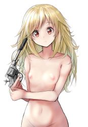 Rule 34 | 1girl, blonde hair, blush, bramit device, breasts, closed mouth, collarbone, commentary request, cylinder, cylinder (weapon), gas-seal revolver, girls&#039; frontline, groin, gun, gun to head, handgun, head tilt, highres, holding, holding gun, holding weapon, long hair, looking at viewer, nagant m1895, nagant revolver (girls&#039; frontline), name connection, navel, nipples, nude, object namesake, out-of-frame censoring, red eyes, revolver, small breasts, solo, suppressor, take (trude1945oneetyan), two-handed, weapon