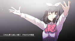 Rule 34 | 1girl, arms up, assault lily, black background, black hair, bow, bow hairband, bowtie, buttons, closed eyes, collared shirt, commentary request, dress shirt, facing viewer, gochisousama (tanin050), gradient background, grey background, hair bow, hairband, highres, light particles, long sleeves, medium hair, nagase marta nonoka, outstretched arms, parted lips, pink bow, pink bowtie, raised eyebrows, school uniform, shirt, solo, suspenders, translation request, underbust, upper body, white bow, white hairband, white shirt, zipper pull tab