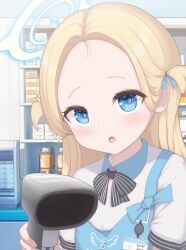 Rule 34 | 1girl, :o, apron, barcode scanner, blonde hair, blue apron, blue archive, blue eyes, blue ribbon, collared shirt, convenience store, fang, forehead, haine (artist), hair ribbon, halo, highres, indoors, light blush, long hair, looking at viewer, name tag, open mouth, parted bangs, ribbon, romaji commentary, shirt, shop, solo, sora (blue archive), two side up, upper body, white shirt