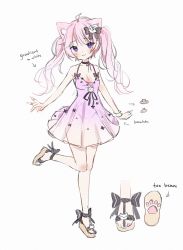 Rule 34 | 1girl, :3, ahoge, animal ears, anyuu, black bow, bow, bracelet, brown footwear, cat ears, commentary, dress, english commentary, english text, extra ears, full body, hair bow, hair ornament, highres, jewelry, long hair, looking at viewer, nyatasha nyanners, nyatasha nyanners (4th costume), panties, pink dress, pink hair, purple eyes, sandals, see-through, simple background, sketch, solo, spaghetti strap, standing, standing on one leg, twintails, underwear, virtual youtuber, vshojo, white background