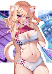 Rule 34 | 1girl, animal ear fluff, animal ears, bare arms, bare shoulders, blonde hair, breasts, buruma, cat ears, cat girl, cat tail, checkered clothes, commentary, cowboy shot, crop top, facial mark, hand up, highres, long hair, looking at viewer, medium breasts, midriff, navel, open mouth, race queen, red eyes, shyrei faolan, simple background, sleeveless, solo, squchan, standing, stomach, tail, two side up, virtual youtuber, vyugen, whisker markings, white background