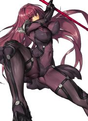 Rule 34 | 1girl, armor, armored boots, ass, bodysuit, boots, breasts, covered navel, covered erect nipples, fate/grand order, fate (series), gae bolg (fate), high heels, highres, holding, holding weapon, huge breasts, long hair, looking at viewer, melon22, polearm, purple bodysuit, purple hair, red eyes, scathach (fate), scathach (fate), solo, spear, weapon, white background