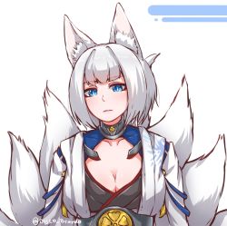Rule 34 | 1girl, animal ears, azur lane, blue eyes, blunt bangs, breasts, bright pupils, cleavage, disco brando, eyeshadow, fox ears, fox tail, highres, japanese clothes, kaga (azur lane), kimono, large breasts, long sleeves, looking at viewer, makeup, multiple tails, parted lips, sash, short hair, simple background, slit pupils, solo, tail, twitter username, upper body, white background, white hair