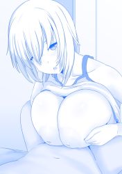 Rule 34 | 1boy, 1girl, blue theme, breasts, clothes lift, copyright request, hair over one eye, highres, huge breasts, inverted nipples, mole, mole under mouth, monochrome, nao (ritsancrossover), navel, nipples, open mouth, paizuri, shirt lift, short hair, solo focus