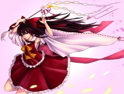 Rule 34 | 1girl, bad id, bad pixiv id, bow, bowtie, brown hair, commentary request, detached sleeves, flower, frilled shirt, frilled skirt, frills, gohei, hair bow, hair tubes, hakurei reimu, highres, kuwahara taiki, long hair, petals, pink background, pink flower, purple eyes, red bow, red shirt, red skirt, ribbon-trimmed sleeves, ribbon trim, sarashi, shirt, sidelocks, skirt, solo, tassel, touhou, very long hair, wide sleeves, yellow bow, yellow bowtie, yin yang