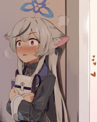 Rule 34 | 1girl, animal ear fluff, animal ears, black dress, black hair, black jacket, blue archive, blush, commentary request, dress, female focus, grey hair, halo, heart, highres, hugging object, indoors, jacket, kokona (blue archive), long hair, long sleeves, multicolored hair, nose blush, parted lips, red eyes, seneto, solo, streaked hair, striped clothes, striped dress, striped jacket, vertical-striped clothes, vertical-striped dress, vertical-striped jacket, very long hair, wide sleeves