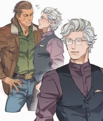 Rule 34 | 2boys, astarion, baldur&#039;s gate, baldur&#039;s gate 3, belt, black vest, breast pocket, brown hair, brown jacket, closed mouth, collared shirt, commentary request, denim, dungeons &amp; dragons, eye contact, glasses, green shirt, grey hair, halsin, hand on own hip, jacket, jeans, long sleeves, looking at another, male focus, medium hair, multiple boys, pants, parted lips, pocket, purple shirt, scar, scar on face, shirt, short hair, simple background, smile, tatsumi (psmhbpiuczn), translation request, vest, white background