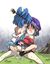 Rule 34 | 2girls, after kiss, ass grab, bad id, bad pixiv id, bare shoulders, beret, black skirt, blue dress, blue hair, blush, clothed sex, cowgirl position, cum, cum in pussy, dress, ear blush, eromame, futa with female, futanari, girl on top, grabbing, grass, grey eyes, hair ornament, hair rings, hair stick, hat, jiangshi, kaku seiga, miniskirt, miyako yoshika, multiple girls, off shoulder, ofuda, open mouth, outstretched arms, penis, purple hair, pussy juice, saliva, saliva trail, sex, shirt, sitting, skirt, straddling, tears, touhou, undressing, vaginal, vest, zombie pose