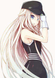 Rule 34 | 1girl, absurdres, adjusting clothes, adjusting headwear, bare shoulders, black dress, black hat, blue eyes, cevio, commentary, conqueror (cevio), cowboy shot, dress, from side, gloves, haiyuki yuki, hand up, hat, highres, ia (vocaloid), jewelry, long hair, looking at viewer, parted lips, platinum blonde hair, ring, simple background, sleeveless, sleeveless dress, solo, standing, very long hair, vocaloid, white background, white gloves
