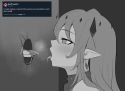 1girl absurdres blush commentary earrings english_commentary food glory_hole greyscale halo highres holding holding_food hololive hololive_english irys_(hololive) jewelry long_hair makizushi monochrome pointy_ears saturday_night_live shift_(shiftillust) solo star_halo sushi tongue tongue_out tweet virtual_youtuber