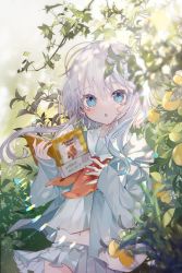Rule 34 | 1girl, amafuyu, blue eyes, book, hands up, highres, holding, holding book, long sleeves, looking at viewer, navel, open mouth, original, pleated skirt, shirt, short hair with long locks, sidelocks, skirt, solo, upper body, white hair
