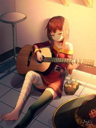 Rule 34 | 1girl, absurdres, acoustic guitar, bandaged leg, bandages, bare shoulders, barefoot, belt, black belt, black cat, black choker, black thighhighs, blush, breasts, brown hair, brown headwear, cat, chair, choker, chomusuke, closed eyes, closed mouth, collarbone, commentary request, dated, dress, foot out of frame, guitar, hat, unworn hat, unworn headwear, highres, holding, holding instrument, huge filesize, instrument, kono subarashii sekai ni shukufuku wo!, long legs, long sleeves, megumin, music, off shoulder, on floor, playing instrument, red dress, red eyes, revision, short hair, short hair with long locks, signature, single thighhigh, sitting, sleeping, small breasts, smile, thighhighs, tile floor, tiles, wings, witch hat, yansae81