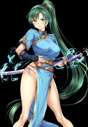 Rule 34 | &gt;:o, 1girl, :o, bad id, bad pixiv id, bare legs, black background, black gloves, blue dress, blush, breasts, dress, earrings, elbow gloves, embarrassed, fingerless gloves, fire emblem, fire emblem: the blazing blade, gloves, green eyes, green hair, high ponytail, highres, holding, holding sword, holding weapon, jewelry, large breasts, legs apart, light particles, long hair, looking at viewer, lyn (fire emblem), nintendo, open mouth, panties, pelvic curtain, ponytail, ponytail korosuke, revision, sheath, sheathed, short sleeves, side-tie panties, simple background, solo, standing, sword, thighs, underwear, v-shaped eyebrows, very long hair, weapon, weapon on back