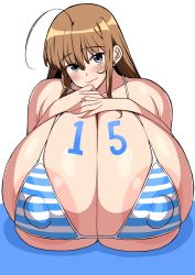 Rule 34 | 1girl, bikini, blue eyes, blush, body writing, breasts, brown hair, covered erect nipples, ear piercing, female focus, formal, gigantic breasts, hand on own breast, hands on breasts, highres, komusou (jinrikisha), long hair, looking at viewer, number tattoo, original, piercing, plump, simple background, smile, solo, suit, swimsuit, tattoo