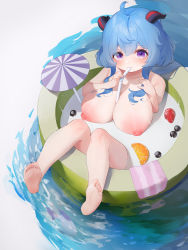 Rule 34 | 1girl, absurdres, ahoge, bare shoulders, between breasts, blue hair, blush, breast milk, breasts, cocktail umbrella, coconut, collarbone, completely nude, drinking, feet, fish, food, fruit, ganyu (genshin impact), genshin impact, highres, horns, huge breasts, in water, lactation, large areolae, large breasts, legs, legs up, long hair, looking at viewer, looking up, milk, nipples, nude, oppai loli, orange (fruit), paper parasol, puffy nipples, purple eyes, seed, sidelocks, sitting, smile, solo, straw, strawberry, toes, towel, water, white background, yashemao qishi