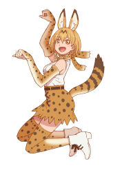 Rule 34 | 1girl, :d, animal ear fluff, animal ears, animal print, bare shoulders, blouse, boots, bow, bowtie, breasts, elbow gloves, full body, gloves, hair between eyes, high-waist skirt, highres, kemono friends, looking at viewer, medium breasts, open mouth, orange eyes, orange hair, orange skirt, paw pose, serval (kemono friends), serval print, serval tail, shirt, short hair, simple background, skirt, sleeveless, sleeveless shirt, smile, solo, tail, tanuki koubou, thighhighs, traditional bowtie, white background, white footwear, white shirt, zettai ryouiki