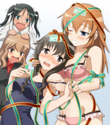 Rule 34 | 4girls, birthday, blue eyes, blush, bra, breasts, brown eyes, brown hair, charlotte e. yeager, english text, fang, fernandia malvezzi, francesca lucchini, green eyes, green hair, grin, hi-ho-, jealous, lingerie, medium breasts, multiple girls, one-piece swimsuit, one eye closed, open mouth, orange hair, panties, ribbon, school swimsuit, smile, strike witches, strike witches: kurenai no majo-tachi, swimsuit, takei junko, twintails, underwear, underwear only, uniform, wink, world witches series
