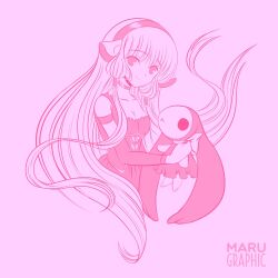 Rule 34 | 1girl, artist name, atashi (chobits), breasts, chii, chobits, choker, cleavage, collarbone, detached sleeves, dress, hair tubes, hairband, highres, holding, holding stuffed toy, lolita fashion, long hair, looking at viewer, maru graphic, medium breasts, monochrome, pink background, pink theme, robot ears, sidelocks, simple background, spanish commentary, stuffed toy, sweet lolita, very long hair