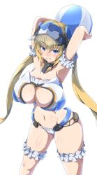 Rule 34 | 1girl, ball, beachball, bikini, blonde hair, blue eyes, blush, breasts, cleavage, cowboy shot, frame arms girl, frills, hresvelgr ater, large breasts, long hair, looking at viewer, low twintails, navel, sankakukin gear, smug, solo, swimsuit, twintails, very long hair