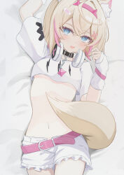 Rule 34 | 1girl, :d, animal ear fluff, animal ears, bandaid, bandaid hair ornament, belt, black choker, blonde hair, blue eyes, breasts, choker, cropped shirt, detached sleeves, dog ears, dog tail, fang, hair ornament, hairband, headphones, headphones around neck, highres, hololive, hololive english, looking at viewer, lying, mococo abyssgard, multicolored hair, navel, on back, on bed, open mouth, paru (parunprunpa), pendant choker, pink belt, pink hair, pink hairband, shirt, shorts, skin fang, sleeves past wrists, small breasts, smile, solo, spiked hairband, spikes, streaked hair, tail, virtual youtuber, white shirt, white shorts, x hair ornament