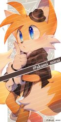 Rule 34 | !, 1boy, animal ears, animal nose, artist name, blue eyes, blush, border, brown cape, brown hat, cape, fang, fox boy, fox ears, fox tail, furry, furry male, gloves, grey background, hands up, hat, iiimirai, index finger raised, looking up, male focus, mini hat, multiple tails, open mouth, orange fur, outside border, plaid, plaid cape, red footwear, shoes, simple background, sneakers, socks, solo, sonic (series), standing, tail, tails (sonic), the murder of sonic the hedgehog, two tails, watermark, white border, white gloves, white socks