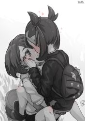 Rule 34 | 2girls, asymmetrical hair, bag, black hair, black jacket, black nails, blush, cardigan, carrying, creatures (company), eye contact, face-to-face, game freak, gloria (pokemon), greyscale, hand on another&#039;s cheek, hand on another&#039;s face, heart, highres, imminent kiss, jacket, long sleeves, looking at another, marnie (pokemon), monochrome, multiple girls, nail polish, nintendo, open mouth, pokemon, pokemon swsh, short hair, short twintails, twintails, u-doku, yuri
