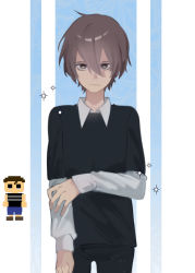 Rule 34 | 1boy, brown eyes, brown hair, crying child (fnaf), five nights at freddy&#039;s, highres, layered sleeves, long sleeves, m xsps, male focus, aged up, short hair, short over long sleeves, short sleeves, solo