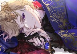 Rule 34 | 1boy, blonde hair, chain, chain, closed mouth, collared shirt, crown, emblem, eyelashes, eyeshadow, fingerless gloves, gloves, gold chain, japanese clothes, jewelry, looking at viewer, lying, makeup, nail polish, necklace, on side, purple eyes, shirt, simple background, smile, solo, takashi (huzakenna), twisted wonderland, upper body, vil schoenheit