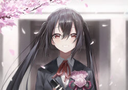 Rule 34 | 1girl, absurdres, black hair, blush, cherry blossoms, day, dot nose, fudepenbrushpen, highres, indoors, k-on!, long hair, looking at viewer, nakano azusa, outdoors, red eyes, sakuragaoka high school uniform, smile, solo, standing, twintails