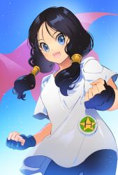 Rule 34 | 1girl, badge, black hair, blue eyes, clenched hands, dragon ball, dragonball z, fingerless gloves, gloves, happy, libeuo (liveolivel), long hair, looking at viewer, open mouth, shirt, short sleeves, simple background, smile, solo, twintails, videl, white shirt