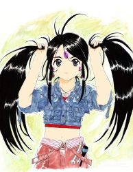 Rule 34 | 1girl, aa megami-sama, artist request, black hair, bunching hair, denim, denim jacket, derivative work, facial mark, forehead mark, gradient background, jacket, jewelry, long hair, midriff, navel, necklace, overalls, overalls removed, skuld (aa megami-sama), solo, tools, twintails, wrench, yellow background