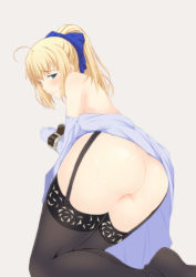 Rule 34 | 1girl, ahoge, akage, artoria pendragon (all), artoria pendragon (fate), ass, bad id, bad pixiv id, bdsm, black thighhighs, blonde hair, blush, bondage, bound, bound wrists, fate/stay night, fate (series), from behind, garter straps, green eyes, hair ribbon, long legs, looking at viewer, looking back, no panties, no shoes, official alternate costume, parted lips, ponytail, ribbon, saber (fate), simple background, solo, sweat, thighhighs